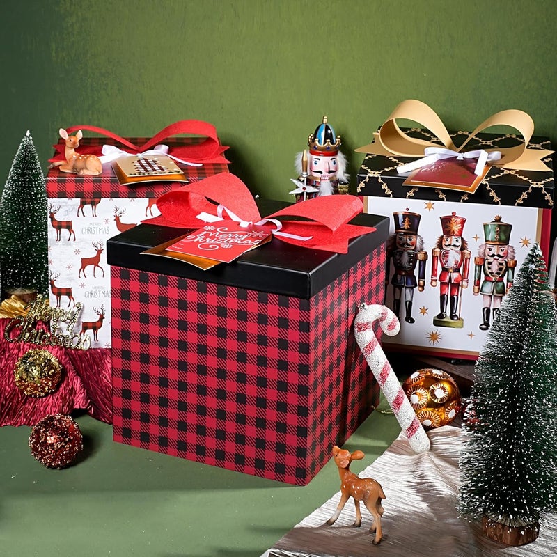 LaRibbons Large Christmas Gift Boxes with Lids,10x10x10 Inches Buffalo Plaid Design Folding Square Gift Boxes for Christmas Decorative,Xmas,Present,Storage,Red and Black - Image 4